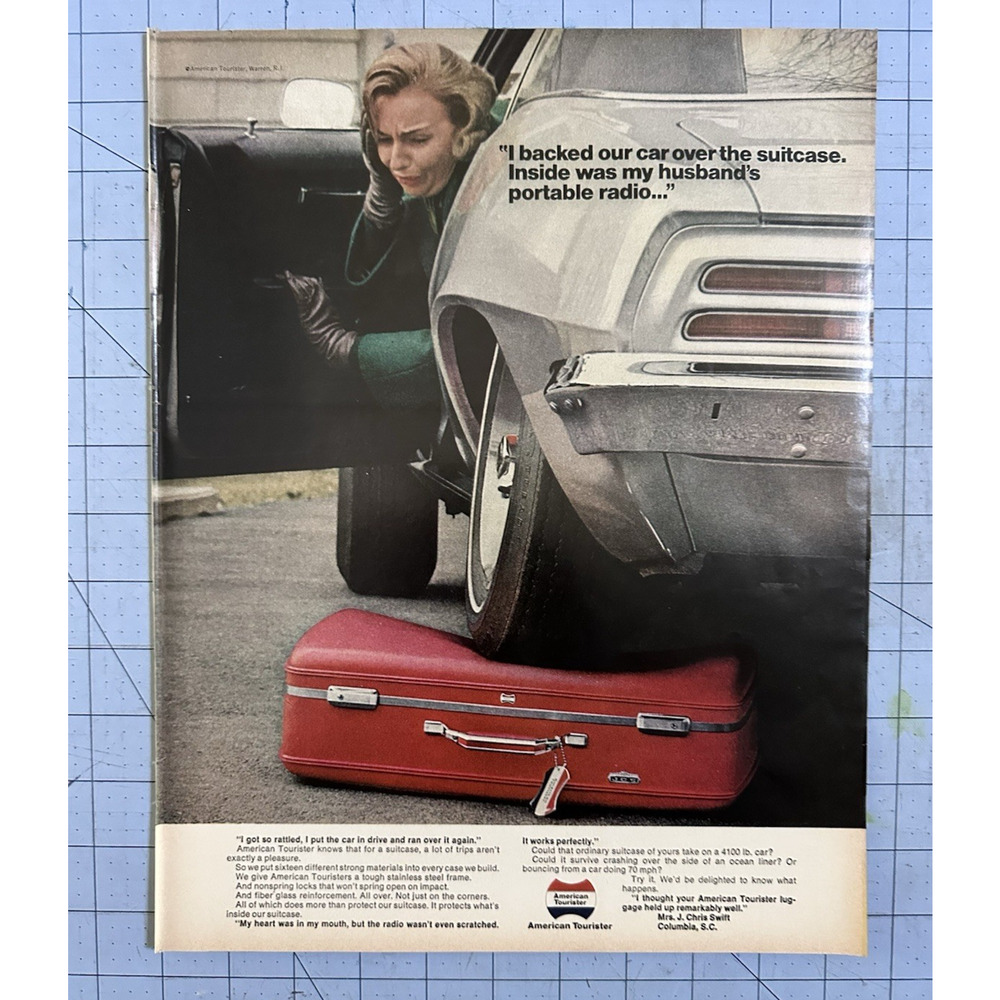 1969 American Tourister Suitcase Print Ad - Backed Car Over